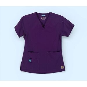 Carhartt Womens Purple V Neck Scrub Top Short Sleeve Size XS Utility Pockets